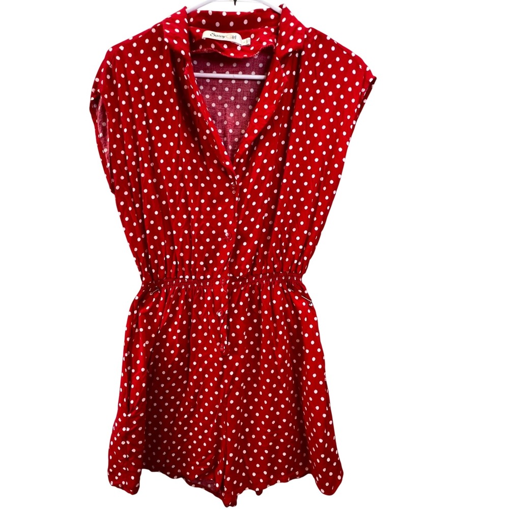 Sunny Girl Red Polka Dot Romper Womens L Cap Sleeve Button Front Retro Pinup
